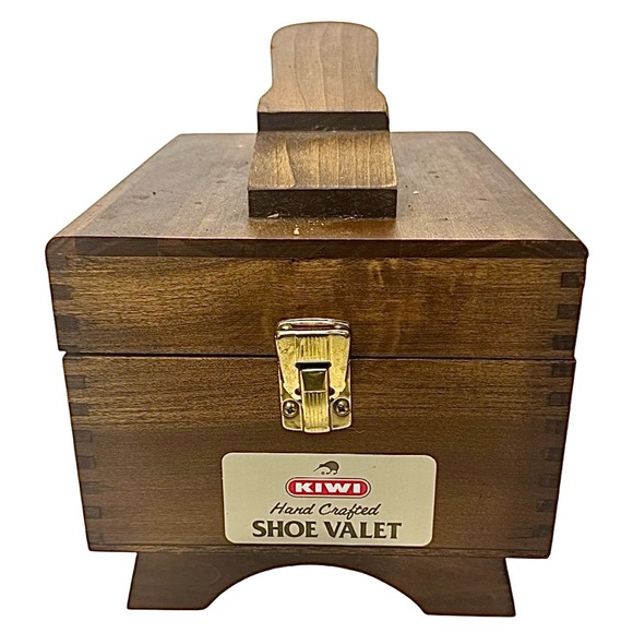Vintage KIWI Oak Shoe Shine Box Handcrafted Wood Valet USA 1980s